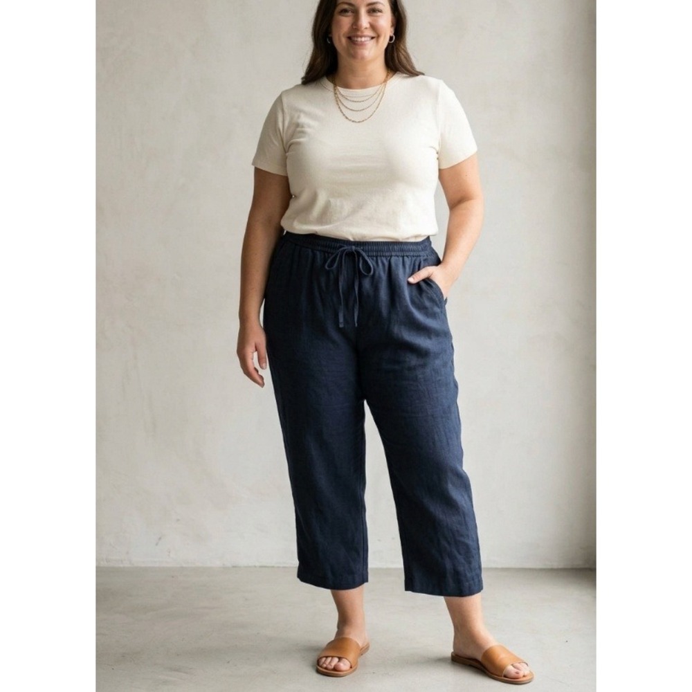 Jones New York Sport Woman 100% Linen Navy Blue‎ Drawstring Cropped Pants 2X